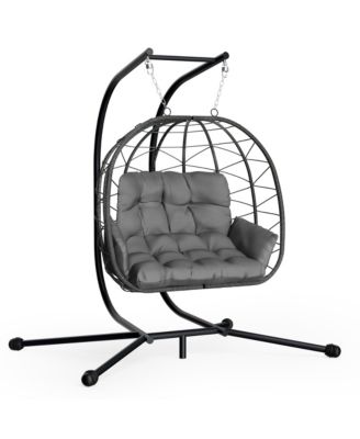 Outdoor 2-Person Hanging Wicker Double Egg Porch Swing Chair with Stand and Beige Cushion
