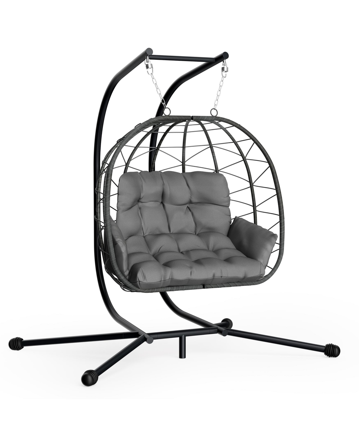 Pamapic Outdoor 2-Person Hanging Wicker Double Egg Porch Swing Chair with Stand and Beige Cushion