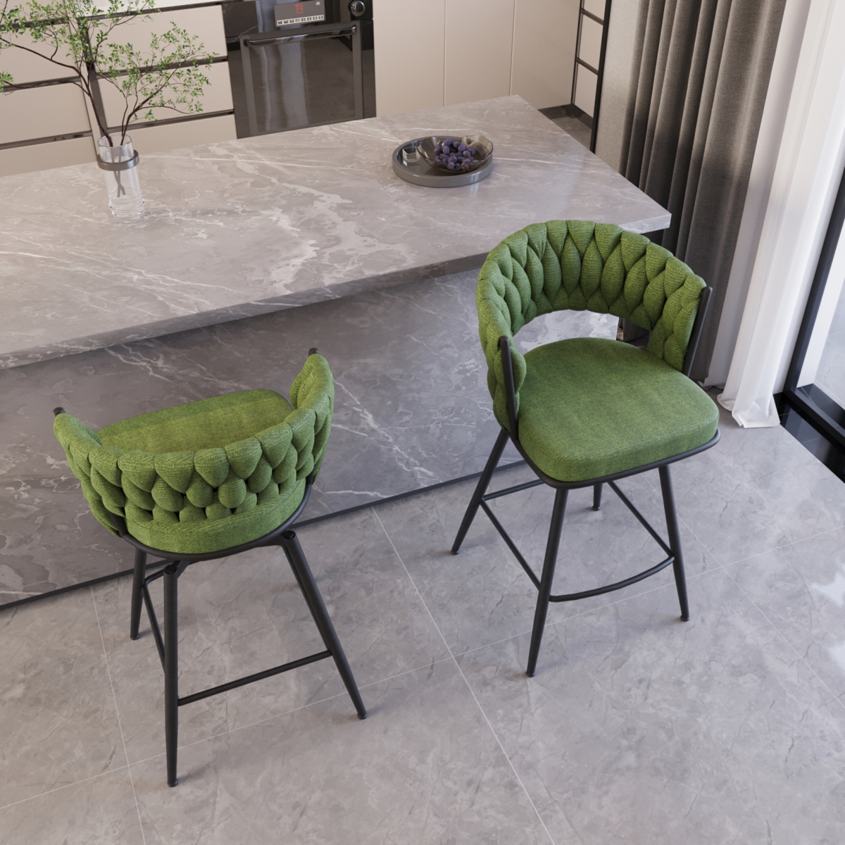 Streamdale Furniture Bar Chair Linen Woven Bar Stool Set of 2,Black legs Barstools No Adjustable Kitchen Island Chairs,360 Swivel Bar Stools Upholster