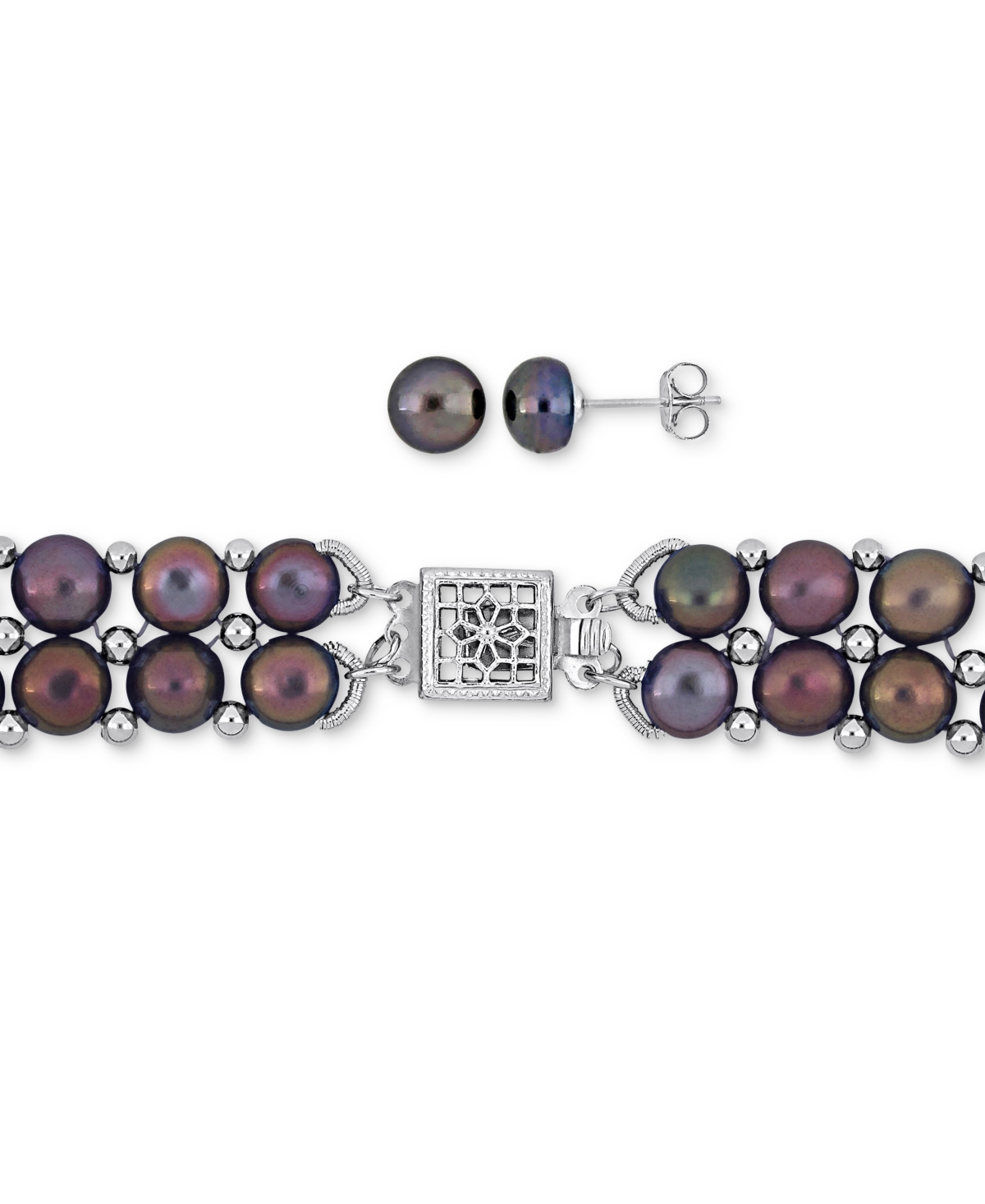 Macy's 3-pc. Set Black Cultured Freshwater Pearl (6-8mm) Beaded Double-row Strand Necklace, Stretch Bracele In Peacock Black