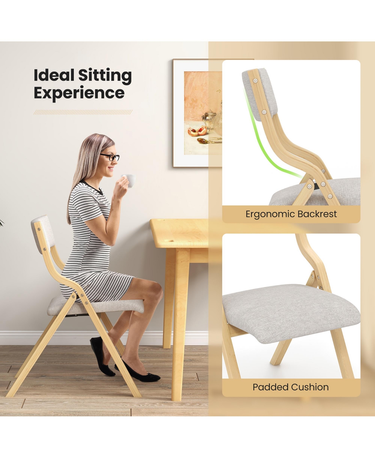 Gymax Folding Dining Chairs Set of 4 Wooden Table Chairs w/ Padded Seat Modern- Grey+natural
