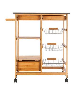 Moveable Kitchen Cart with Stainless Steel Table Top, Three Drawers, and Three Baskets in Burlywood for Versatile Storage and Convenience