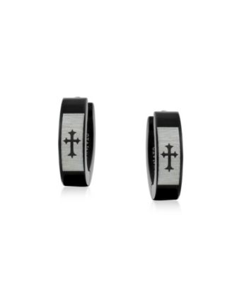 Laser Fleur de Lis Cross Hoop Earrings Silver Tone Stainless Steel