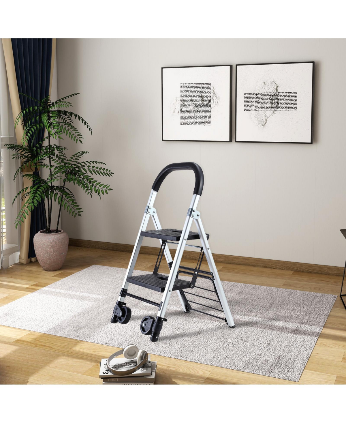 Flynama Portable 4 in. 2 Step Ladder Folding Step Stool, Folding Dual-Purpose Stair Car Tpr Wheels Load Capacity lbs.