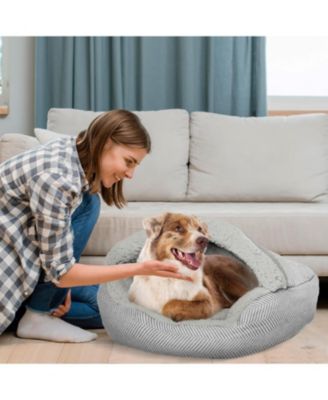 Pet Cave Bed, Calming Hooded Dog Bed with Pouch for Small Dogs and Cats, Herringbone Canvas Fleece Deep Dish
