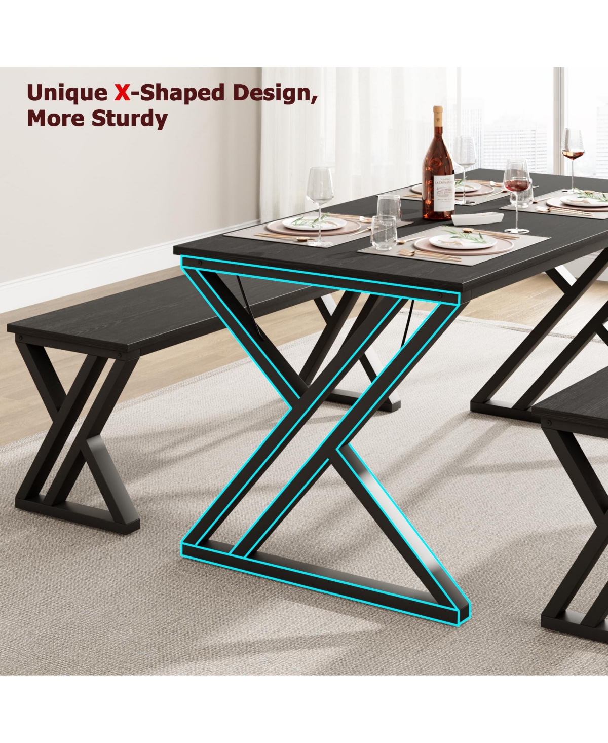 gaomon 45” Dining Table with Benches, Kitchen Table Set for 4-6, Rectangular Dining Room Table Set with Sturdy Metal Frame
