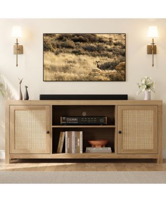 TV Stand for 75 Inch TV, Rattan Entertainment Center with Storage, Wood TV & Media Console