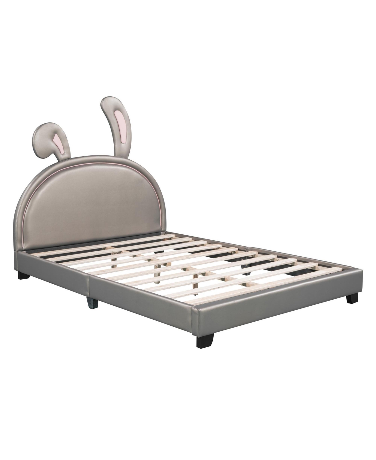 Slickblue Upholstered Leather Platform Bed with Rabbit Ornament for Stylish and Whimsical Bedroom Decor