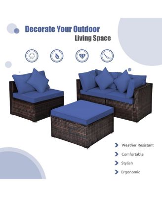 4 Pieces Ottoman Garden Patio Rattan Wicker Furniture Set with Cushion-Navy