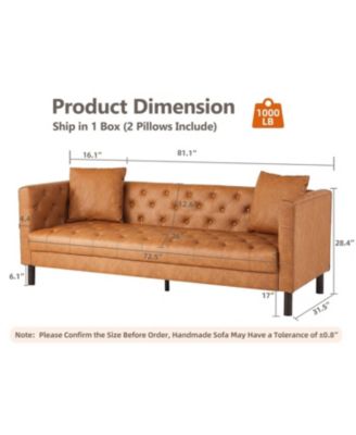 3 Seater Sofa with Tufted Back, Grain Leather Couch with Feather, Vintage Faux Leather