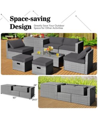 8 Pieces Patio Rattan Furniture Set with Storage Waterproof Cover and Cushion-Gray