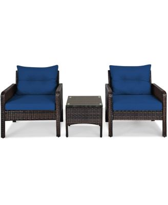 3 Pieces Outdoor Patio Rattan Conversation Set with Seat Cushions-Navy