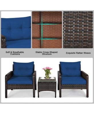 3 Pieces Outdoor Patio Rattan Conversation Set with Seat Cushions-Navy