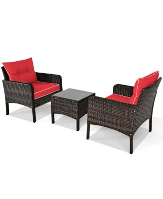 3 Pcs Outdoor Patio Rattan Conversation Set with Seat Cushions-Red