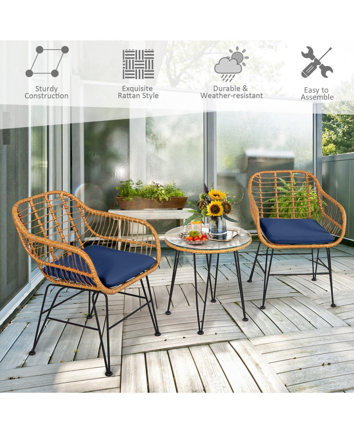 Sugift 3 Pieces Rattan Furniture Set with Cushioned Chair Table-Navy