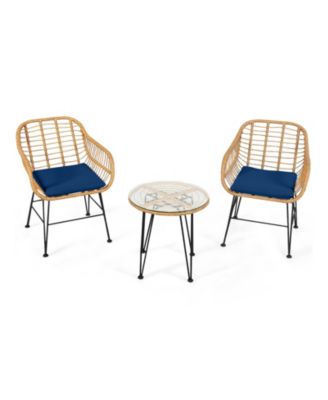 3 Pieces Rattan Furniture Set with Cushioned Chair Table-Navy