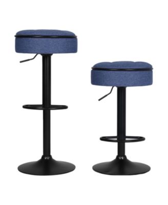 Round Storage Bar Stool Set of 2, Blue Linen Height Adjustable Barstool, 360Counter Height Swivel Stool, Armless Bar Chair with Metal Frame for Kitchen Counter Dining Living Room