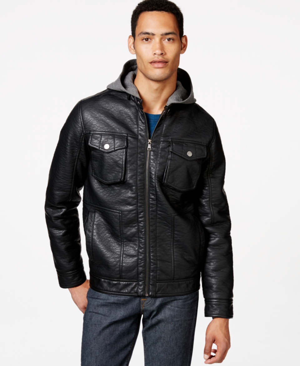 Sean John Pebble Faux Leather Hooded Jacket   Coats & Jackets   Men