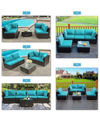 5 Pieces Cushioned Patio Rattan Furniture Set with Glass Table-Turquoise