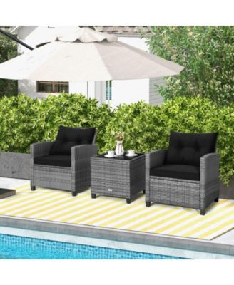 3 Pieces Outdoor Wicker Conversation Set with Tempered Glass Tabletop-Black