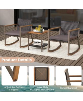 3 Pieces Rattan Rocking Bistro Set with Coffee Table and Cushions-Gray