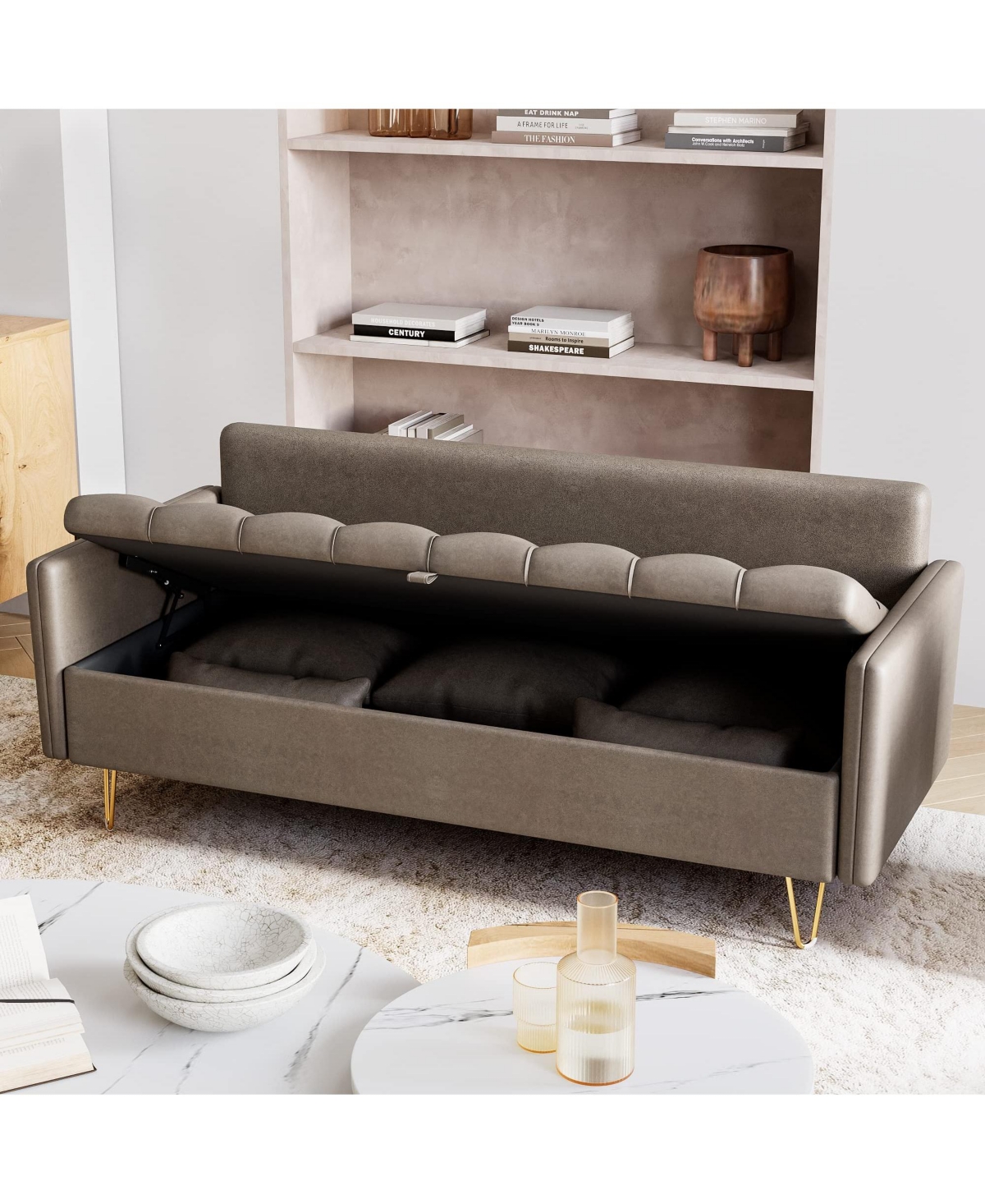gaomon 3-Seater Faux Leather Sofa with Lift-Up Storage, Modern Design Couch with Hand Stitched Comfortable Cushion