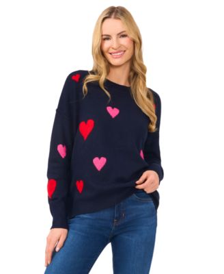 Women's Valentine's Crewneck Heart-Print Long-Sleeve Sweater