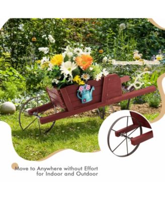 Wooden Wagon Planter with 9 Magnetic Accessories for Garden Yard-Red