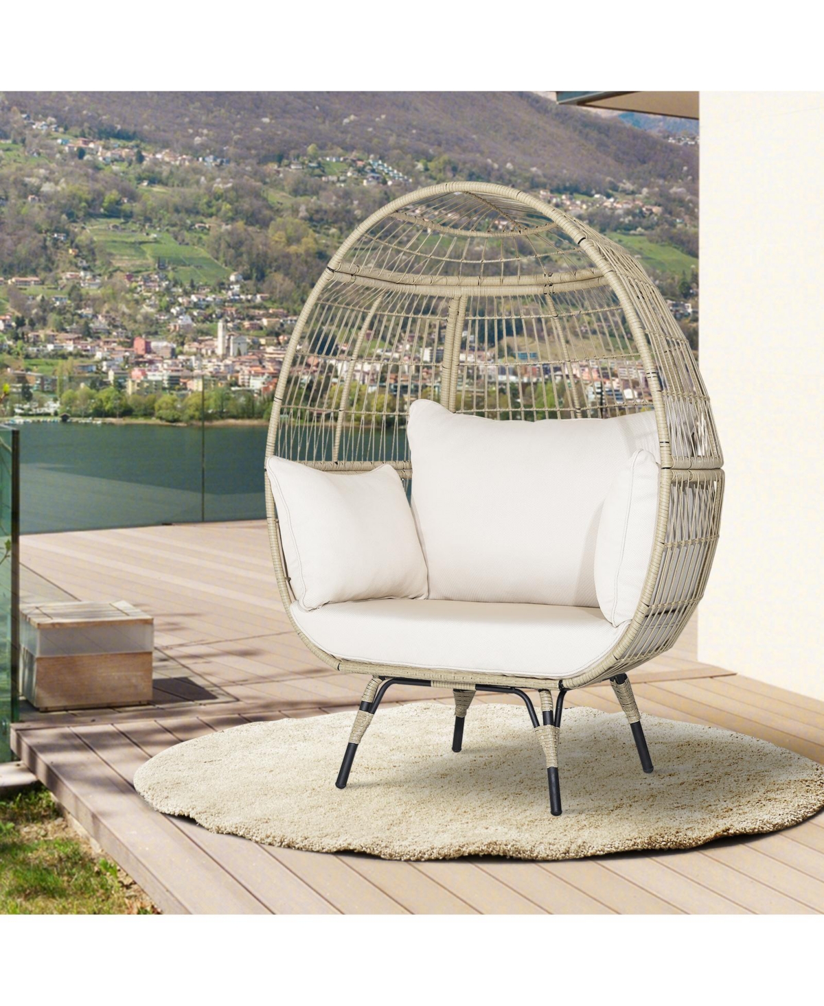 Sugift Oversized Patio Rattan Egg Lounge Chair with 4 Cushions-Light Brown