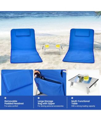 3 Pieces Beach Lounge Chair Mat Set 2 Adjustable Lounge Chairs with Table Stripe-Blue