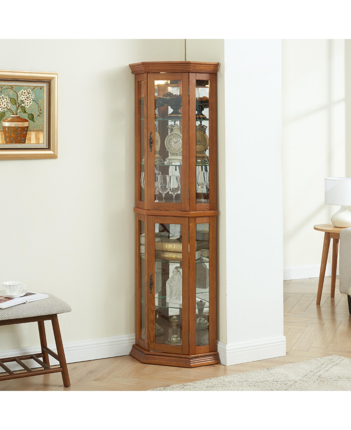 Slickblue Lighted Corner Curio Cabinet with Glass Display Shelves & Tempered Glass Door Elegant Storage Solution