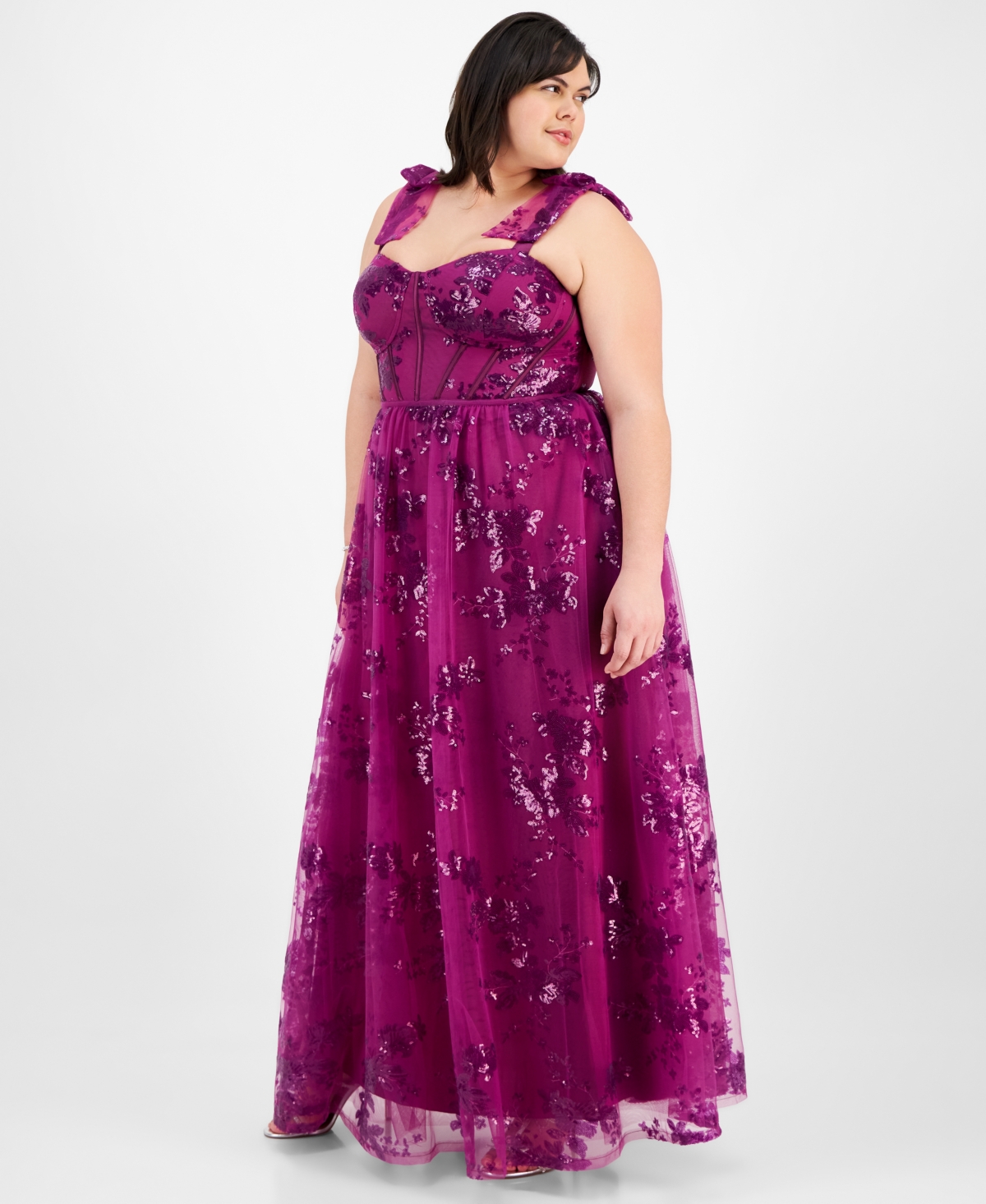 CITY STUDIOS PLUS SIZE SEQUIN TULLE CORSET GOWN, CREATED FOR MACY'S 