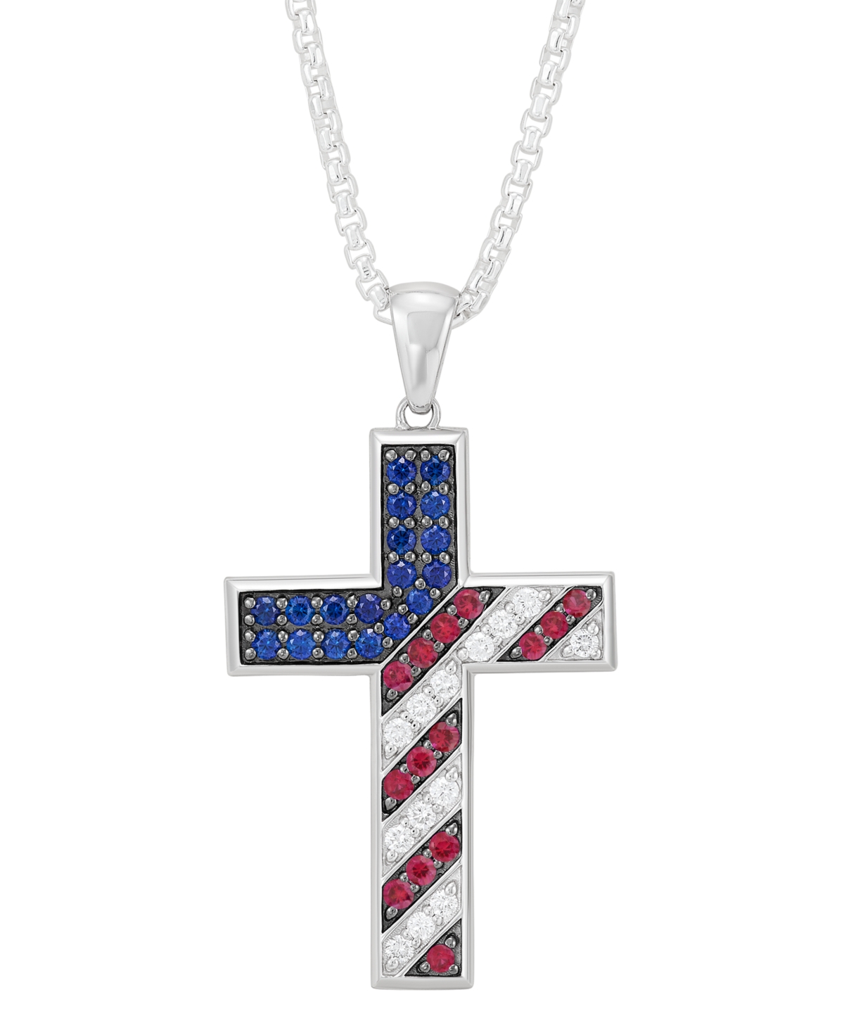 Men's Lab Grown Multi-Gemstone (2-1/2 ct. t./w.) Flag Cross 22" Pendant Necklace in Sterling Silver - Silver