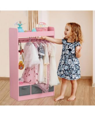 Kids Open Hanging Armoire Closet with Mirror, Costume Organizer Rack, Pink