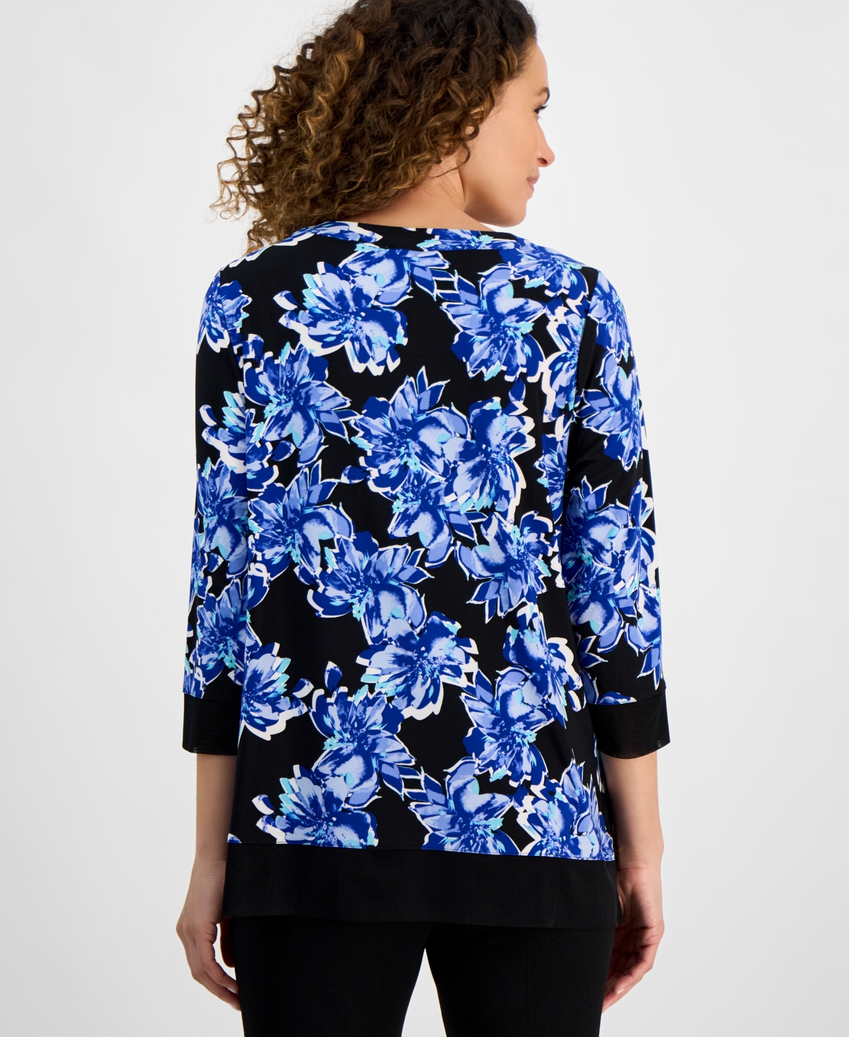 Ak Anne Klein Petite 3/4-sleeve Solid-trim Printed Tunic In Vibrant Cobalt Multi