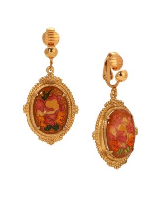 Enamel Oval Floral Clip Earrings