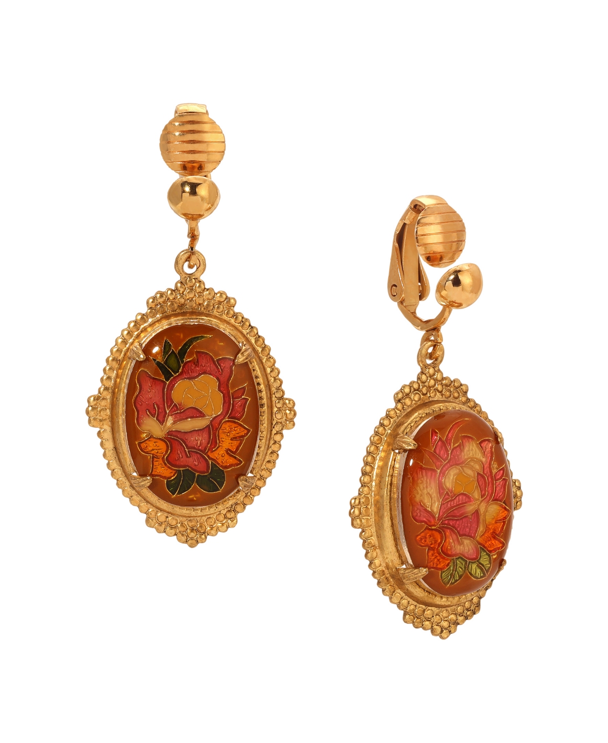 2028 Enamel Oval Floral Clip Earrings In Pink