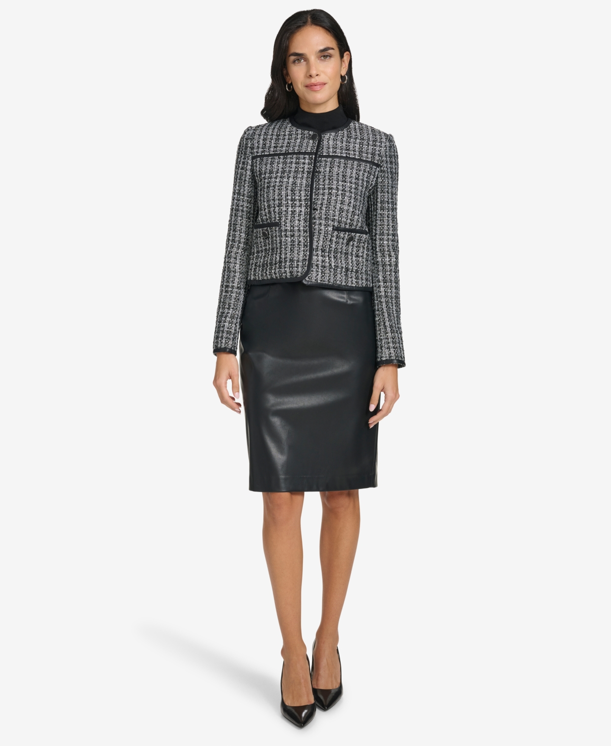 Calvin Klein Women's Faux Leather Trim Tweed Jacket
