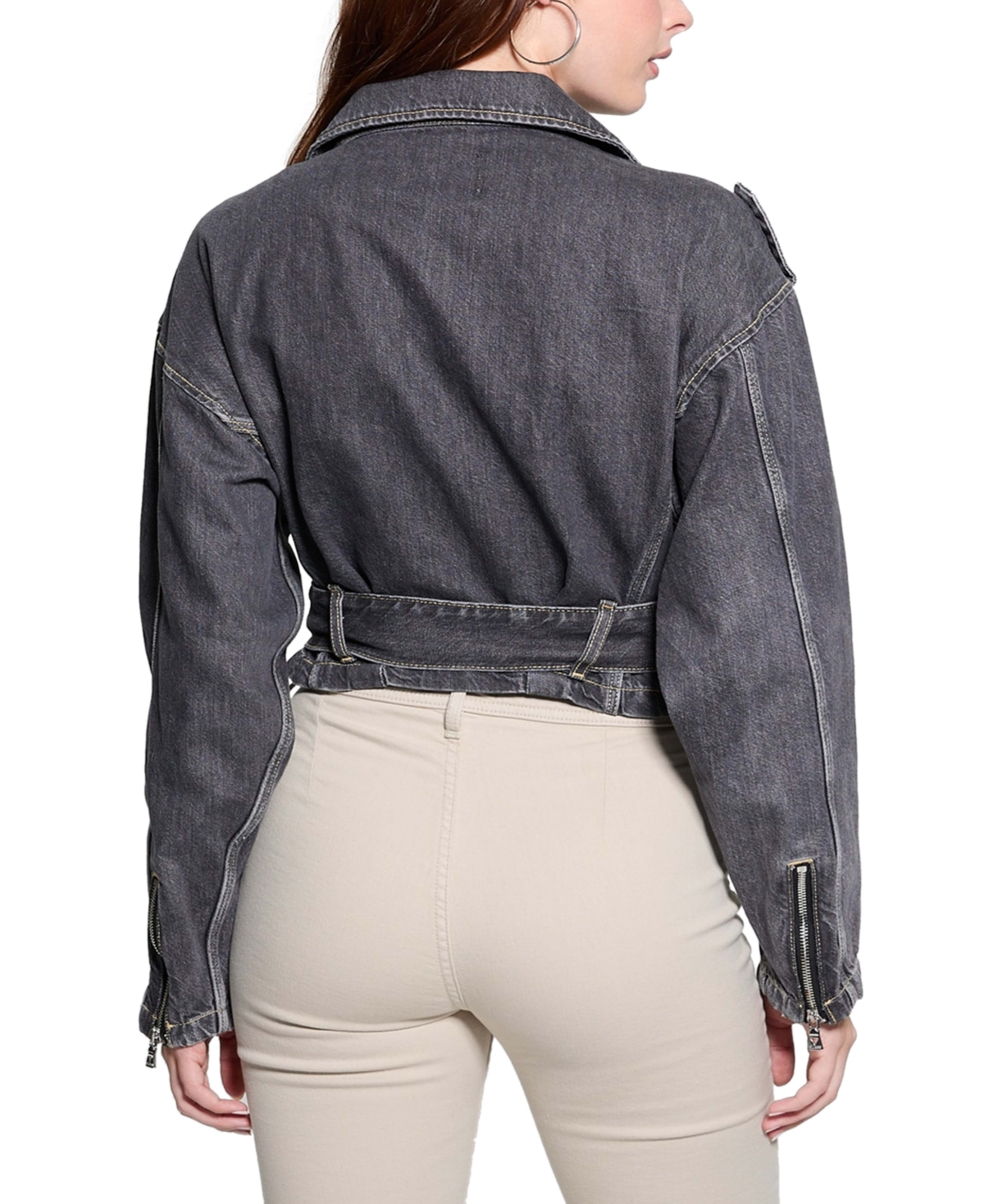 Shop Guess Women's Cropped Belted-hem Denim Moto Sandy Jacket In Tokyo Black