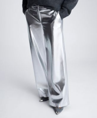 Kenneth Cole - Women's Metallic Faux-Leather Mid Rise Wig-Leg Pants