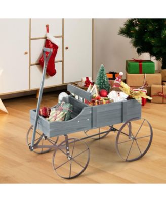 Wooden Wagon Plant Bed with Metal Wheels for Garden Yard Patio-Gray