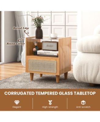 Bamboo Rattan Nightstand with Drawer and Solid Wood Legs-Natural