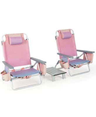 2 Packs 5-Position Outdoor Folding Backpack Beach Table Chair Reclining Chair Set-Pink