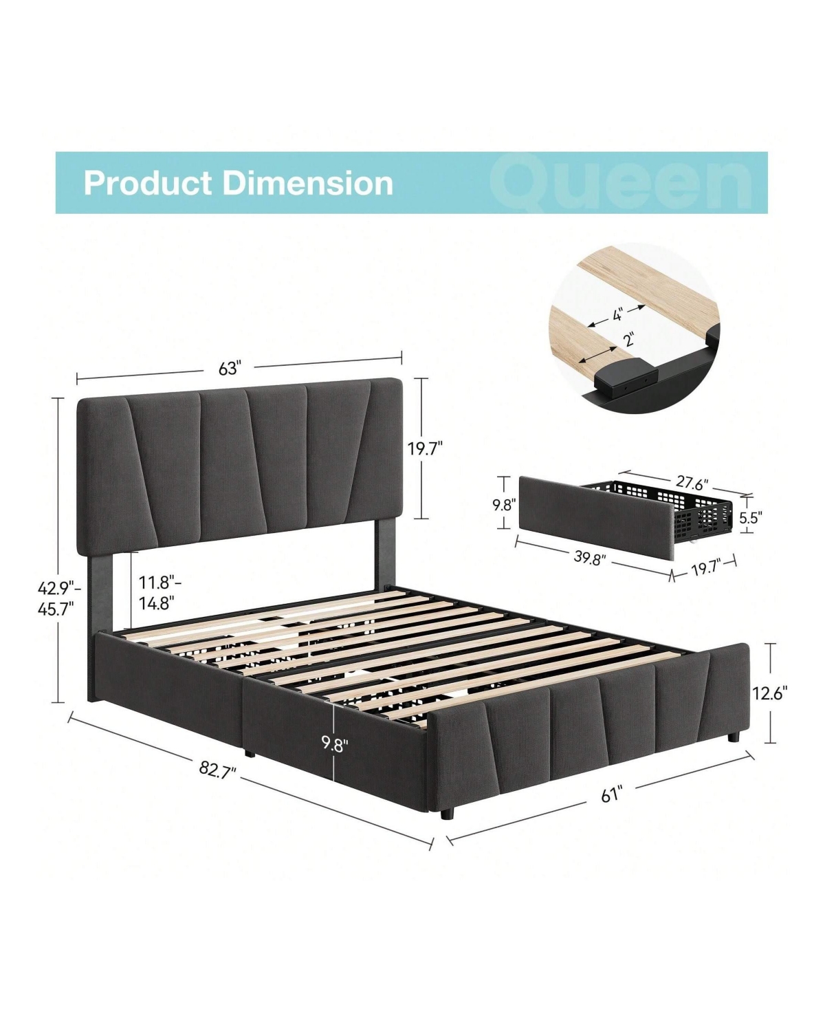 gaomon Bed Frame With Storage Drawers And Headboard, Upholstered Platform Bed Frame With Wooden Slats Support, No Box Spring Needed, Dark- Grey