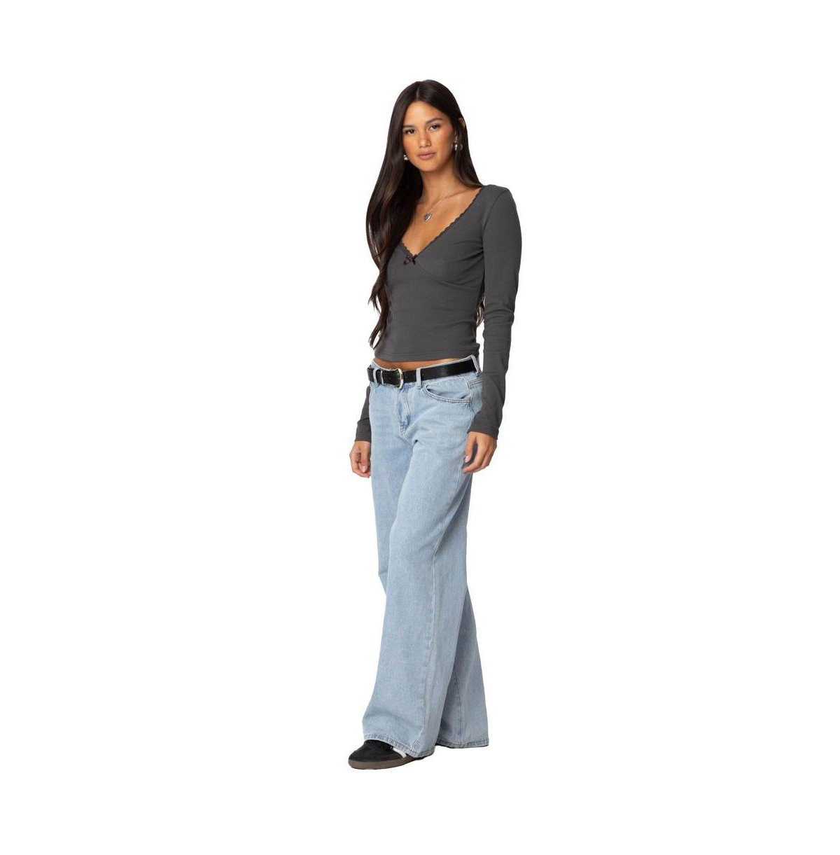 Edikted Women's Adrienne Lace Trim Top - Dark-gray