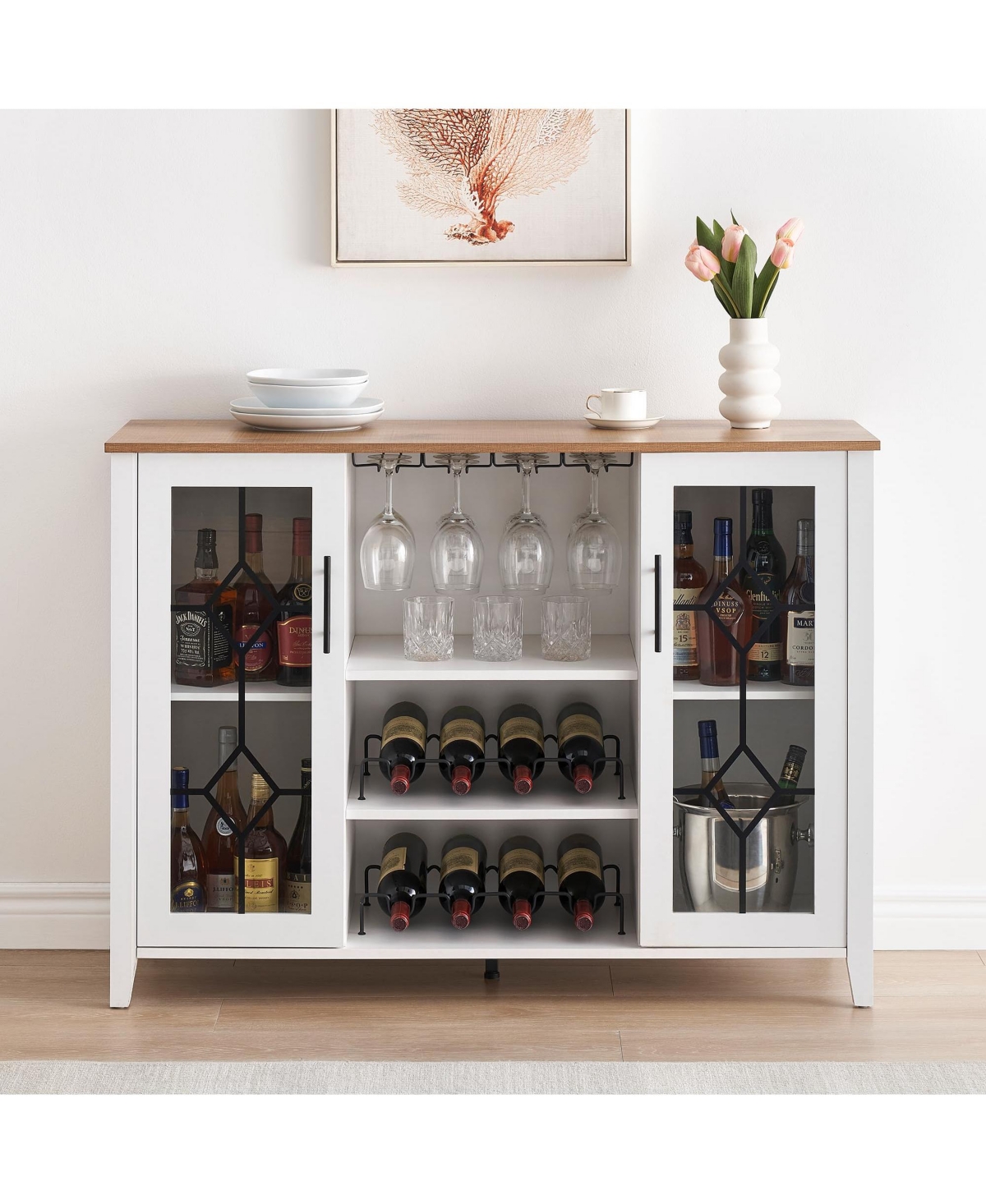 gaomon Wine Bar Cabinet with Led Light,Home Coffee Cabinet with Wine and Glass Rack,Kitchen Buffet Sideboard with Storage