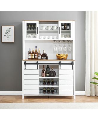 70" Farmhouse Coffee Bar Wine Cabinet with Sliding Barn Doors and Storage, Tall Kitchen Hutch