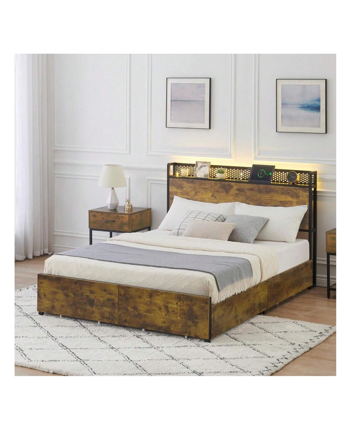 gaomon Platform Bed Frame With Storage Headboard And 6 Storage Drawers,Led Bed Frame With Socket And Usb Port,Batten Bracing,No Spring Box Neede