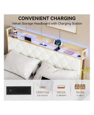Full/Queen/King Size Bed Frame, Storage Headboard With Charging Station, Platform Bed With Velvet Backrest, No Box Spring Needed, Easy Assembly