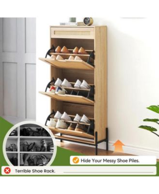 Natural Rattan 3 Flip Door Shoe Cabinet, Modern Shoe Rack Storage Organizer with Drawer and 3-Tier Adjustable Shelves, Freestanding Shoe Cabinet Organizer for Entryway, Oak
